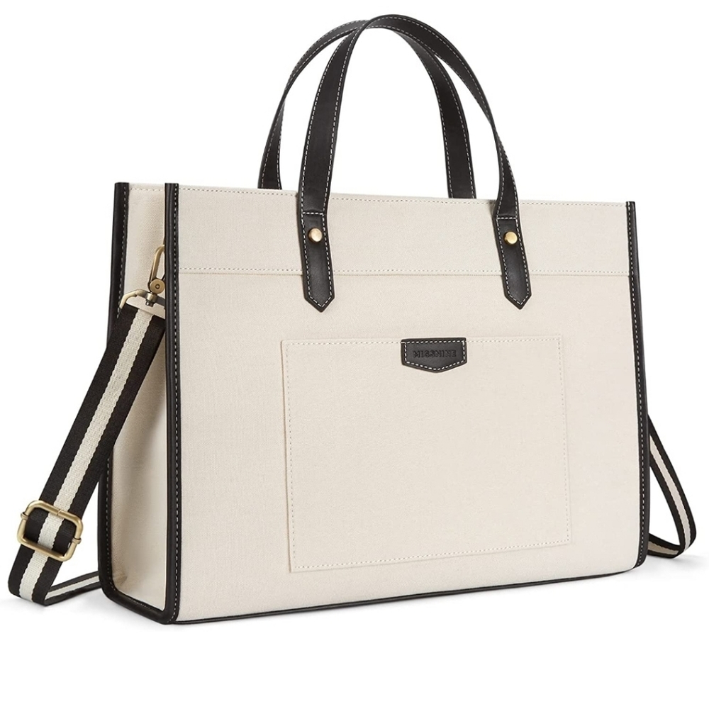 Beige Canvas Laptop Tote Bag